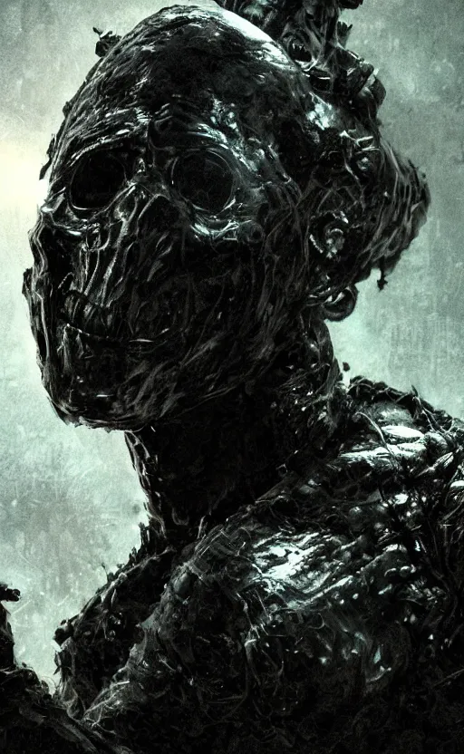 Prompt: a close up sci fi horror quarter - length portrait of dark figure surrounded by darkness and mist, horror movie poster, cinematic lighting, smooth, high detail, glowing eyes, studio quality, highly detailed, centered, octane render, by alexandros pyromallis, fog volumes, metal panels, greeble detail, frank frazetta, cgsociety