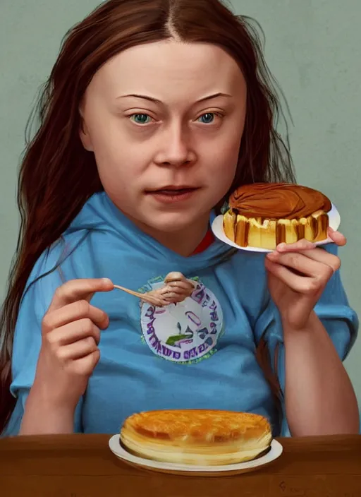 Prompt: greta thunberg eating cakes, detailed digital art, trending on Artstation