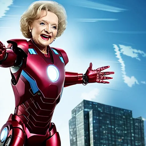 Image similar to promotional still of betty white as marvel's iron man [ film ], hero pose but shy, action, adventure, romance, imax 7 0 mm, 4 k