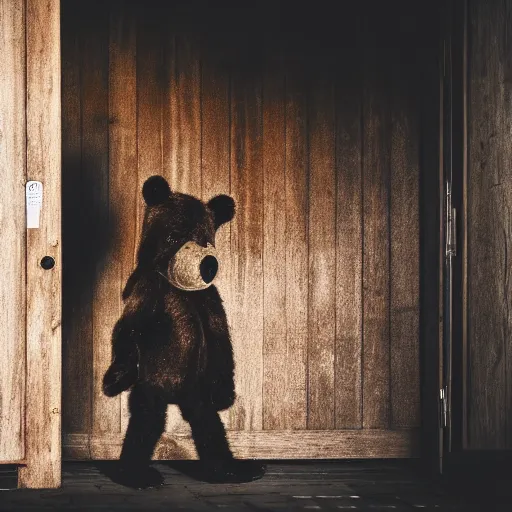 Image similar to dark photograph of a small bear mascot walking through a large wooden doorway