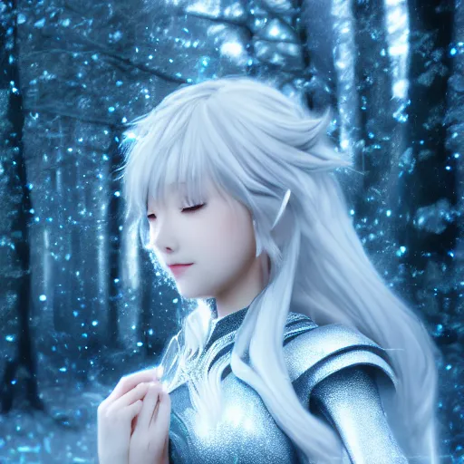 Prompt: portrait focus of knight beautiful 3D anime girl, silver Frozen ice crystal armor wearing, dark forest background, snowing, bokeh, inspired by Masami Kurumada, digital painting, high contrast, unreal engine render, volumetric lighting, high détail