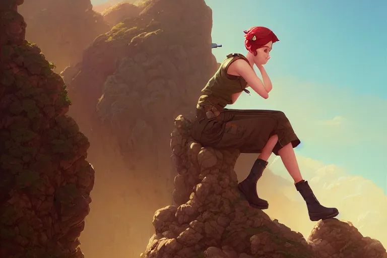 Image similar to a painting of a military woman sitting on a cliff, smoking a cigarette, a character portrait bytom bagshaw, rhads, makoto shinkai, lois van baarle, ilya kuvshinov, and rossdraws, global illumination, cg society, fantastic realism, intricate, detailed