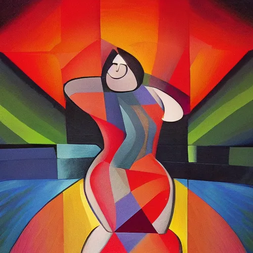 Image similar to fat latin woman dancing, brilliant sunset, cubism, texture, no collage, no pastel