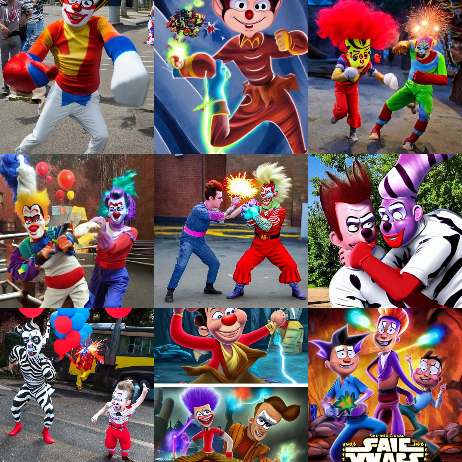 Prompt: Jimmy Neutron punching clowns in a desperate bid to return balance to the force after the Sith overtook Fred Flinstone\'s secret bunker on the Fourth of July after a rainstorm and one baby zebra