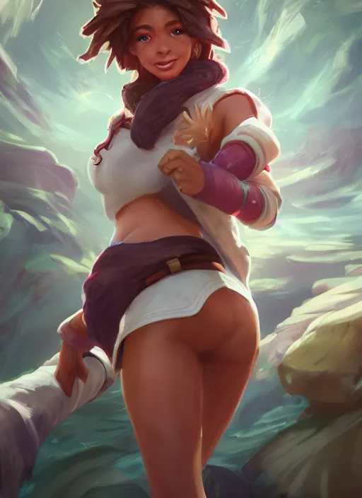 Image similar to taliyah zenra, from league of legends, au naturel, pawg, hyper detailed, digital art, low angle, trending in artstation, cinematic lighting, studio quality smooth render, unreal engine 5 rendered, octane rendered, art style by kristen liu - wong and natalie krim andlera balashova and wlop and samantha mandala