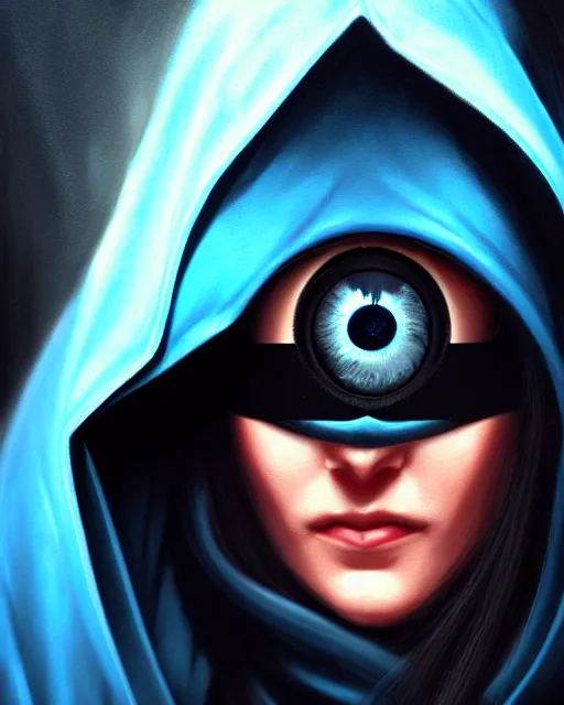 Image similar to ana from overwatch, blue hooded cloak, eye patch, blavk eye patch over one eye, older woman, character portrait, portrait, close up, highly detailed, intricate detail, amazing detail, sharp focus, vintage fantasy art, vintage sci - fi art, radiant light, caustics, by boris vallejo