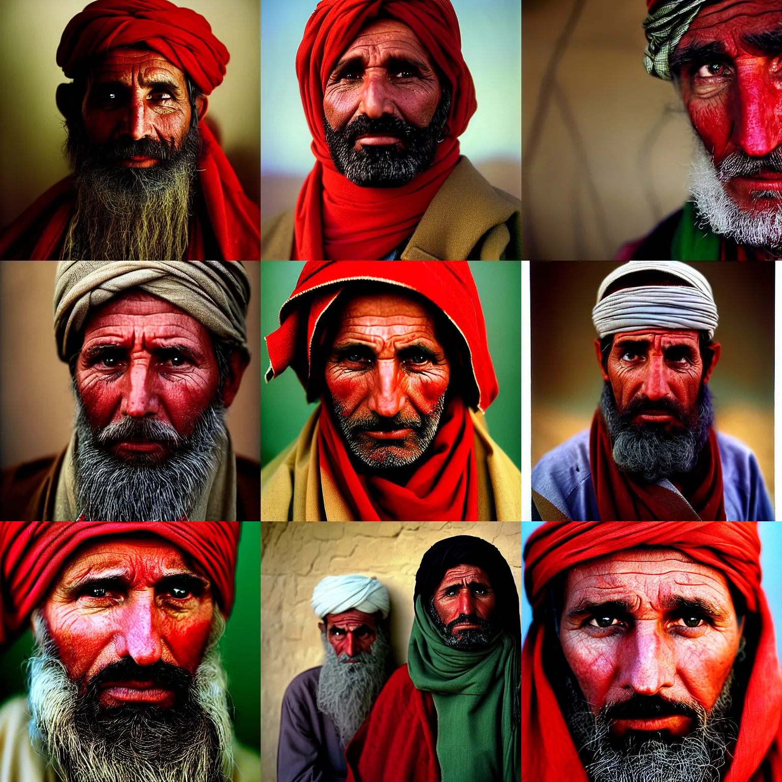 Prompt: portrait of donald trump as afghan man, green eyes and red scarf looking intently, photograph by steve mccurry