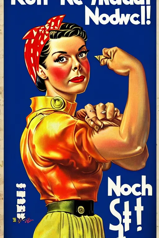 Image similar to 1 9 4 0 s poster of rachel bloom as rosie the riveter, style of norman rockwell, high quality, sharp detail