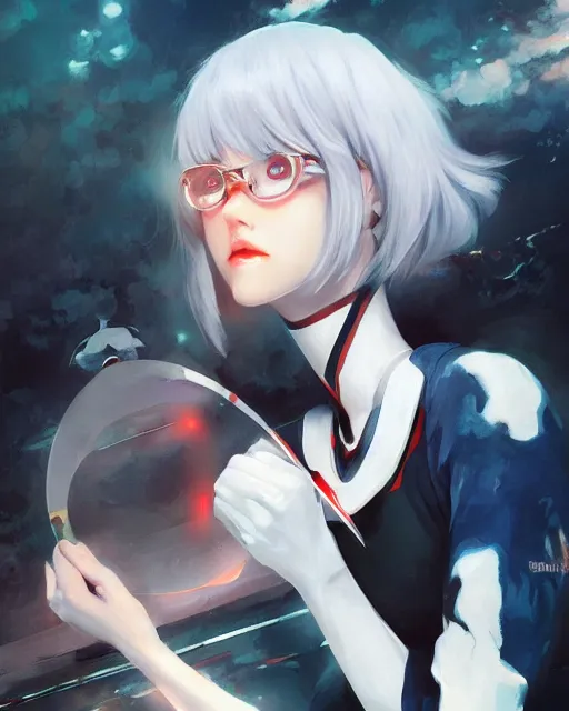 Prompt: A ultradetailed beautiful panting of Rei Ayanami by GUWEIZ