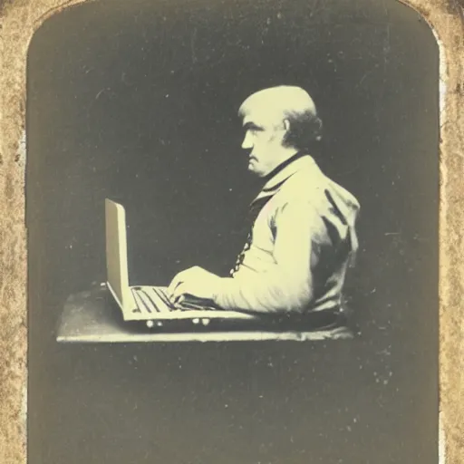 Prompt: Daguerreotype photo of a man from the 1800s sitting in a park working on a laptop computer