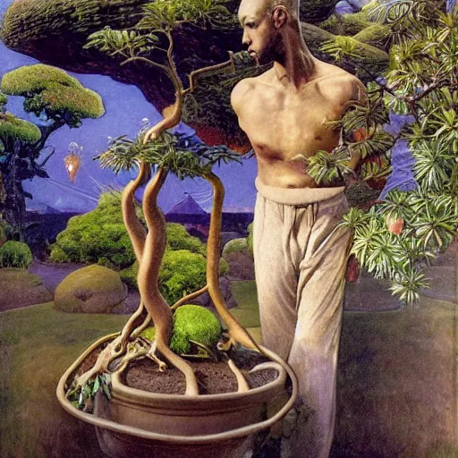 Image similar to Muscular African gardener cutting bonsai trees, grey Hair, idyllic Garden, by Annie Swynnerton and Nicholas Roerich and jean delville, glowing paper lanterns, strong dramatic cinematic lighting , ornate tiled architecture, lost civilizations, smooth, sharp focus, extremely detailed