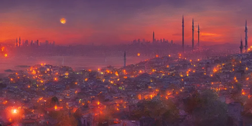 Prompt: Half-futuristic half-traditional version of the city of Istanbul during a sunset on a clear day, tonalism style, trending on Artstation, 8k, 4k, high-res, digital art