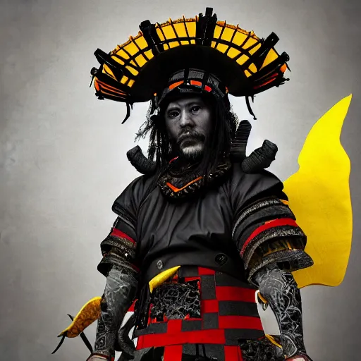 Prompt: portrait of old samurai with a goat beard, ready to fight, goth punk, vibrant yellow, colors, surreal, a french baroque by by alexander mcqueen, hyper detailed, very detailed, photograph, cinematic lighting, photorealistic, octane render, no red background