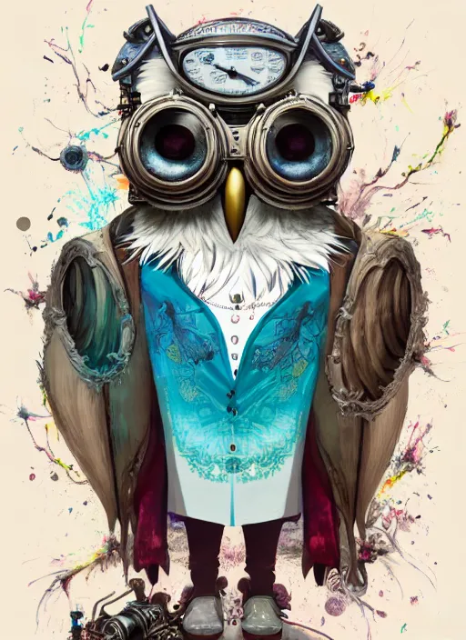 Image similar to anthropomorphic wise wealthy white - owl travels through time via steampunk portals, pixiv fanbox, dramatic lighting, maximalist pastel color palette, splatter paint, pixar and disney exploded - view drawing, graphic novel by fiona staples and dustin nguyen, peter elson, alan bean, wangechi mutu, clean cel shaded vector art, trending on artstation