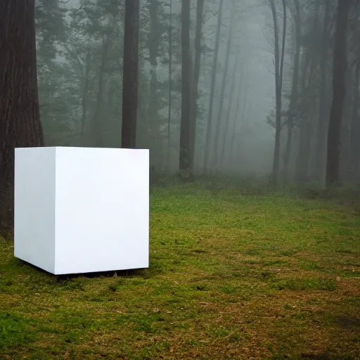 Image similar to photograph of a white concrete cube sitting in the middle of a forest clearing, foggy, liminal