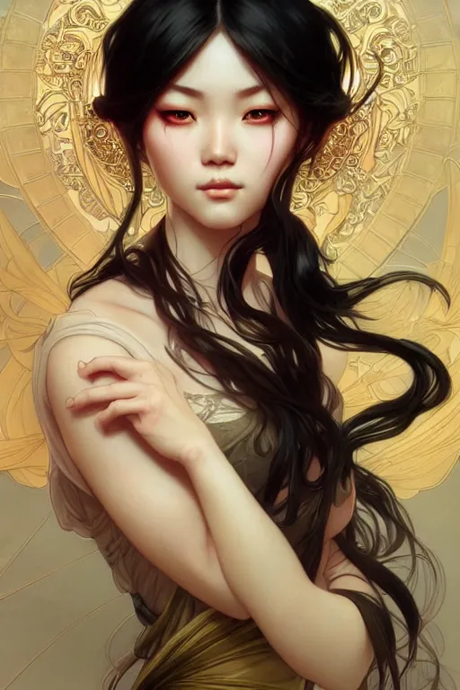 Image similar to asian, dark fantasy, intricate, elegant, highly detailed, digital painting, artstation, concept art, matte, sharp focus, illustration, art by artgerm and alphonse mucha