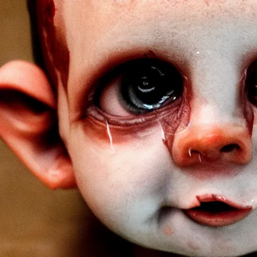 Prompt: soulless baby looking forward, glossy eyes, disfigured, dead appearance, high quality,