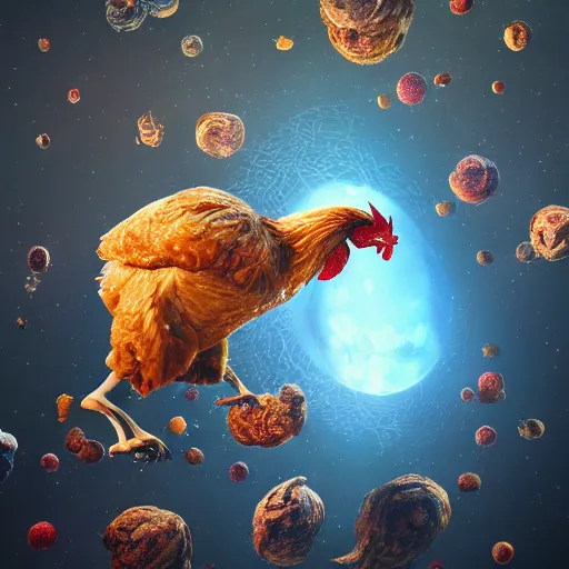 Image similar to Chicken eating the universe, ultra realistic, 8k 4k, highly detailed, award winning, trending on artstation