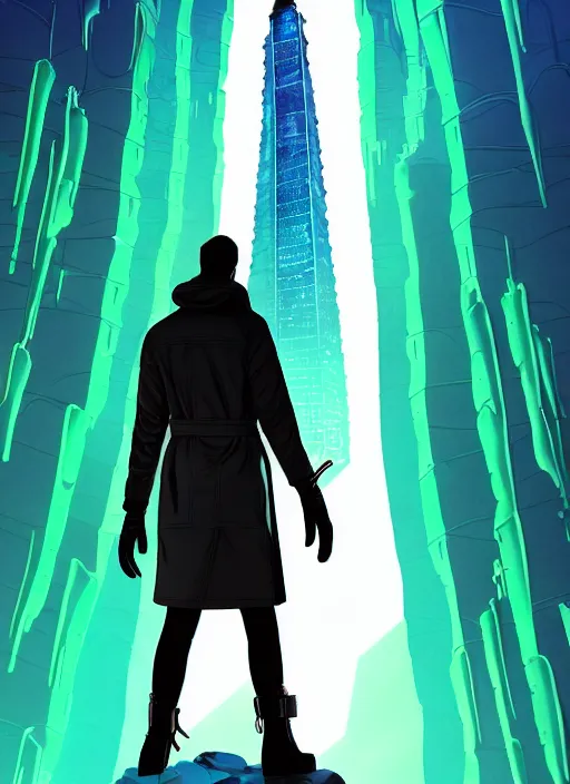 Image similar to comic book art of a [ man ] in trenchcoat with ( glowing ) [ gloves ] and [ boots ] in a [ jungle ] looking up at a [ tower ] extending into the sky made of crystalized glowing rock,, low angle, artstation illustration, elegant, cyberpunk, volumetric fog, arcane by tim doyle