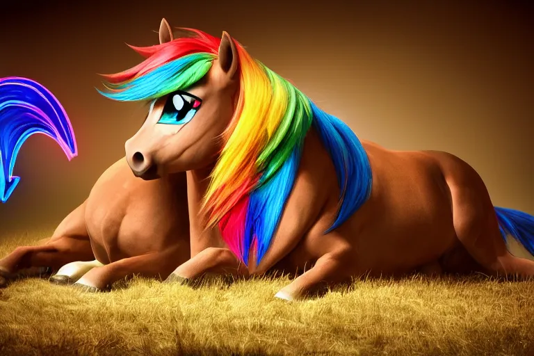 Prompt: Rainbow_Dash, Horse laying down, Professional equine photography with mood lighting, Equestria