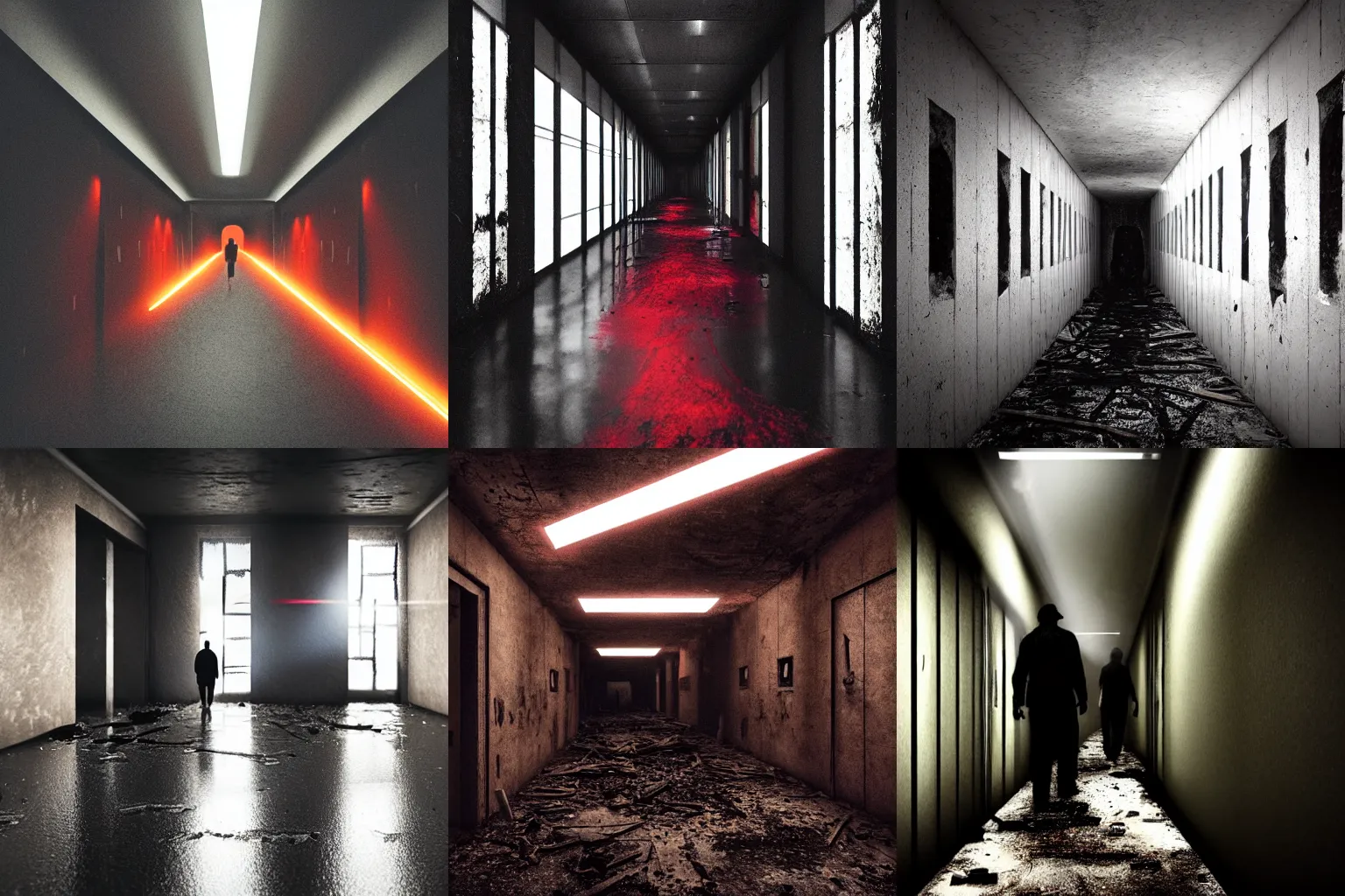 Prompt: “a dark corridor with charred sides, a streak of red goo in the burned floor, a hole on the ceiling, only source of light is a sick fluorescent flicker of light, two men in darkness silhouettes as they walk towards the camera, eerie atmosphere, highly-detailed, hyper realism, Weta FX, Weta render, 8k, octane render, intricate, professional horror movie poster design”