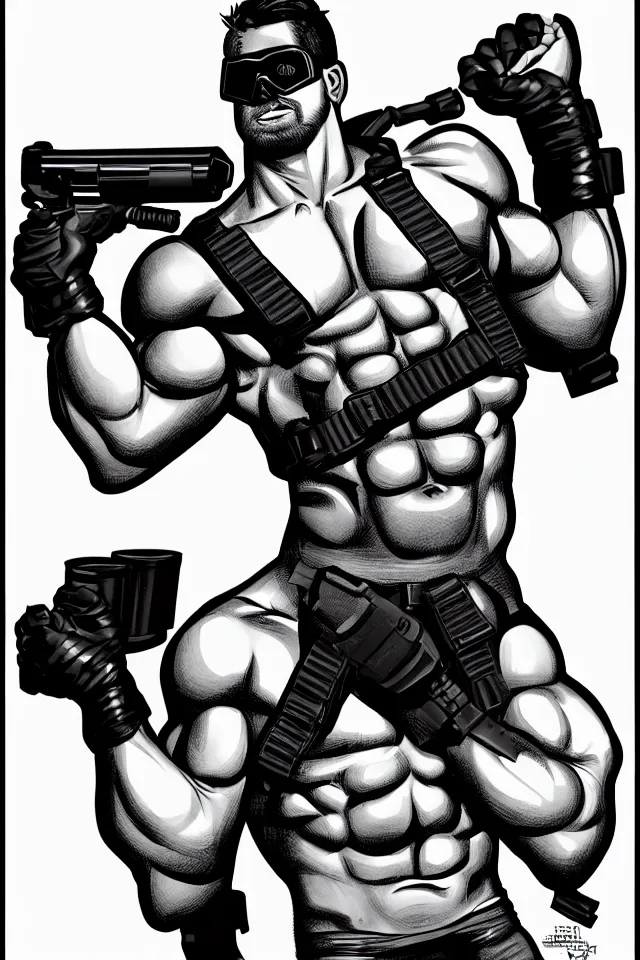 Image similar to muscular man, black vest with no shirt underneath, goggles around his neck, cargo pants, ammo belt, holding a blaster, long black hair in a ponytail, five o' clock shadow, comic book art, full body shot