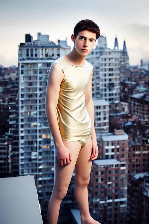 Image similar to un ultra high definition studio quality photographic art portrait of a young man standing on the rooftop of a british apartment building wearing soft padded silver pearlescent clothing. three point light. extremely detailed. golden ratio, ray tracing, volumetric light, shallow depth of field. set dressed.