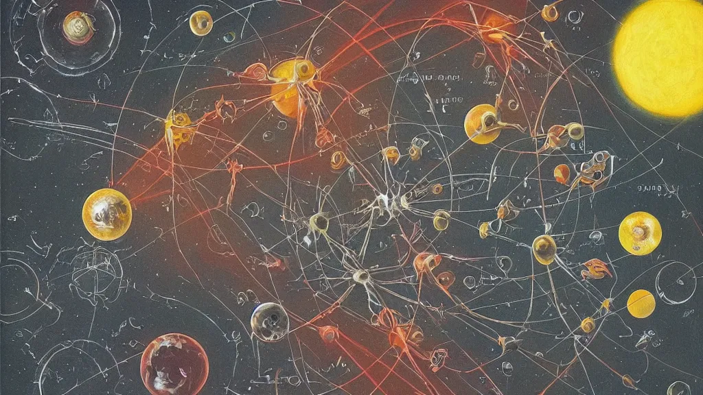 Prompt: a beautiful dreamy painting of coronaviruses, dark, sinister, detailed scientific epistemology contagion diagrams, retro science-fiction book cover