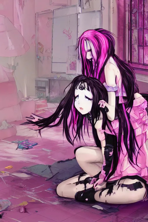 Image similar to goth chibi anime girl with pink dreads sitting on the floor of a cluttered 9 0 s bedroom, vaporwave colors, lo - fi, concept art, smooth, detailed, 4 k, hd,