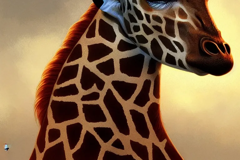 Image similar to lightning strikes a giraffe's head, deep focus, intricate, elegant, highly detailed, digital painting, artstation, concept art, matte, sharp focus, illustration, art by artgerm and greg rutkowski and alphonse mucha