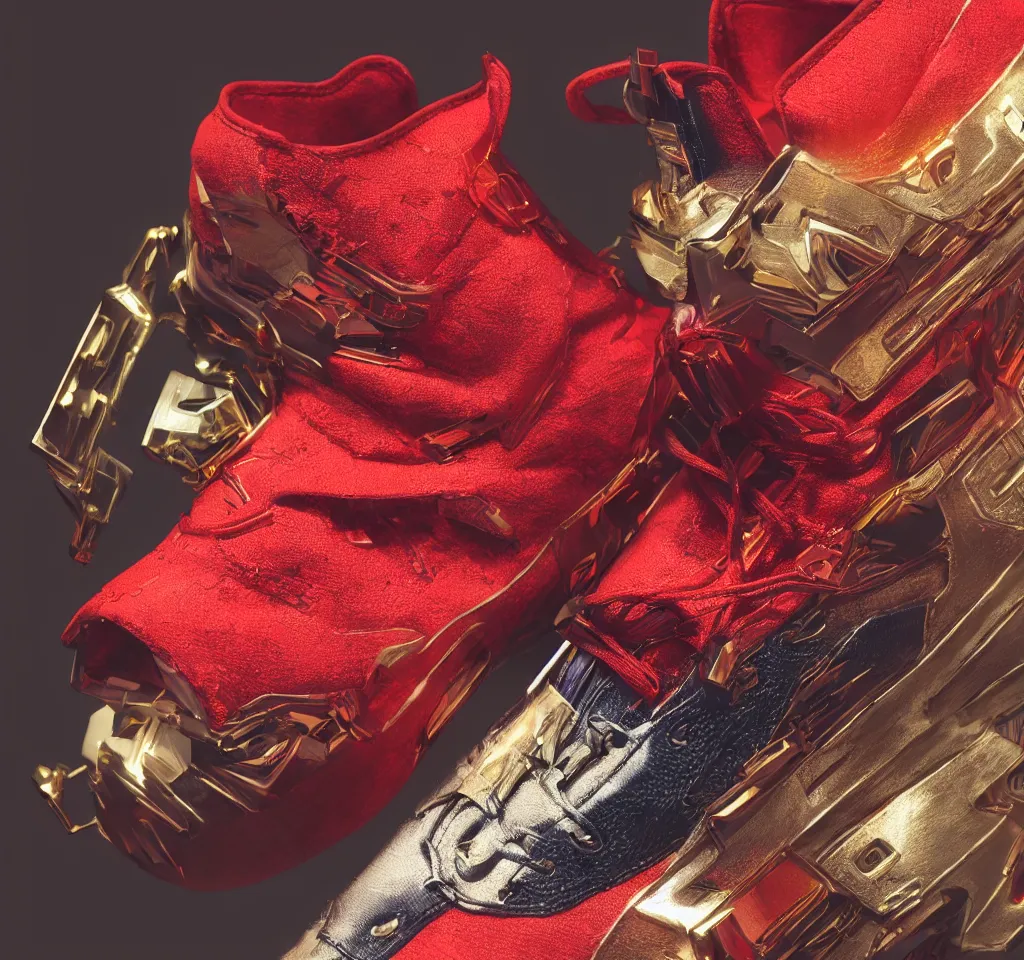 Image similar to realistic 3 d render product shot of a cyberpunk sneaker, beautiful studio lighting, soft, sharp focus, neon cyberpunk highlights, intricate detail, gold and red accents, soft rubber, octane render, wide angle, trending on artstation, deviantart, art by syd mead and issey miyake