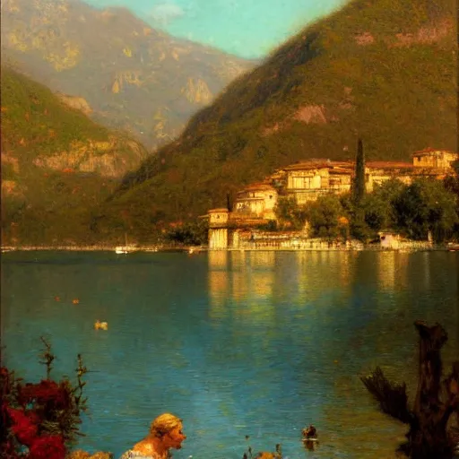 Prompt: detailed cinematic wide shot of lake como, ultra realistic, spring light, painting by gaston bussiere, craig mullins, j. c. leyendecker