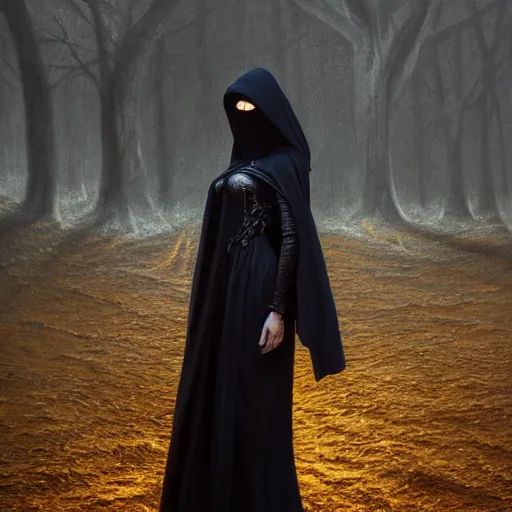 Image similar to a portrait of a young woman wearing a long dark cloak, hood and shadows covering face, holding golden chains, oil painting, matte painting, black background, Volumetric Golden dappled dynamic lighting, Highly Detailed, Cinematic Lighting, Unreal Engine, 8k, HD, by Beksinski