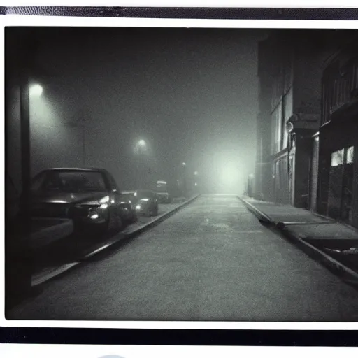 Image similar to A polaroid of aa street with no one on it but a horrifying creature. Black and white, grainy, dark colors, cinematic lighting, hyper detailed.