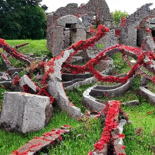 Image similar to the ruins of a village made out of stone, overgrown with red vines