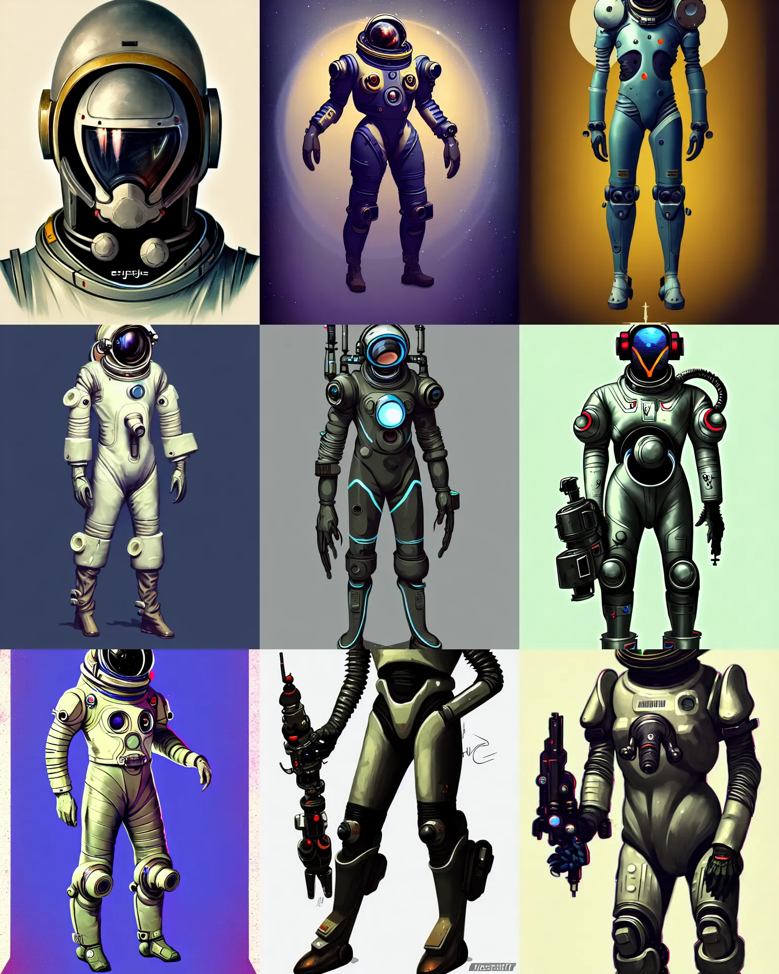 Prompt: game asset, full body portrait, bulky epic male concept art character of a space suit, 1 9 5 0 s retro future space suit, occult, scifi design, h. r giger, cute, stylized, heroic by jean baptiste monge, overwatch, muted color scheme, 8 k, close up