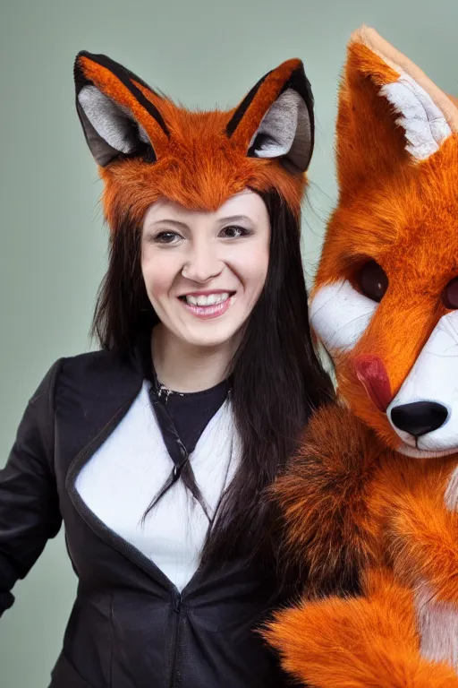 Prompt: photo of a woman in a realistic fox fursuit