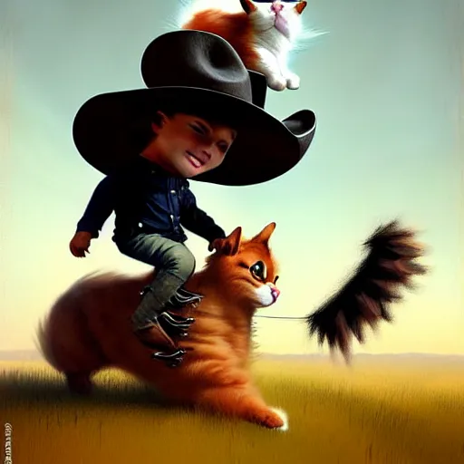 Image similar to fluffy cat in cowboy hat like a tiny girl riding on the back of a giant corgi by greg rutkowski