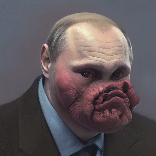 Prompt: vladimir putin blobfish, blobfish putin hybrid, putin face, vladimir putin anthropomorphic transformation, macabre, horror, by donato giancola and greg rutkowski and wayne barlow and zdzisław beksinski, realistic face, visible face, digital art