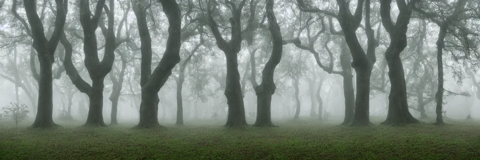 Prompt: an enchanted forest of oak trees, mist and rain