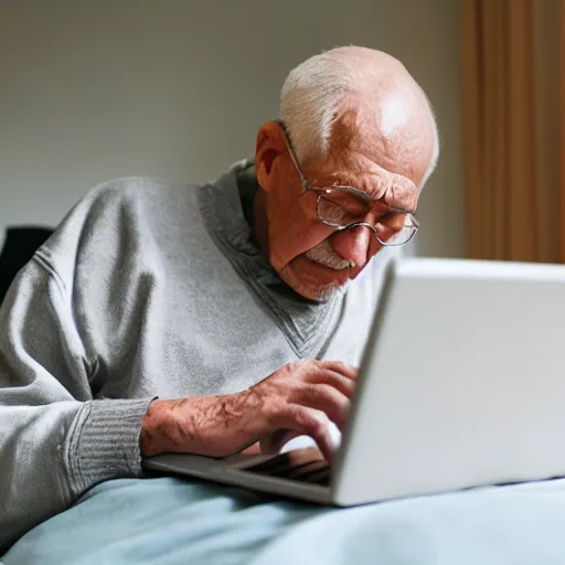 Prompt: elderly man sitting in a casket browsing internet on laptop from a casket casket