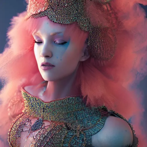 Prompt: a majestic orange - haired woman wearing an intricate and detailed armor made of candy floss. layers. textures. delicate. elaborate. translucent. soft. ethereal. fragile. vulnerable. studio portrait. photorealistic. octane render