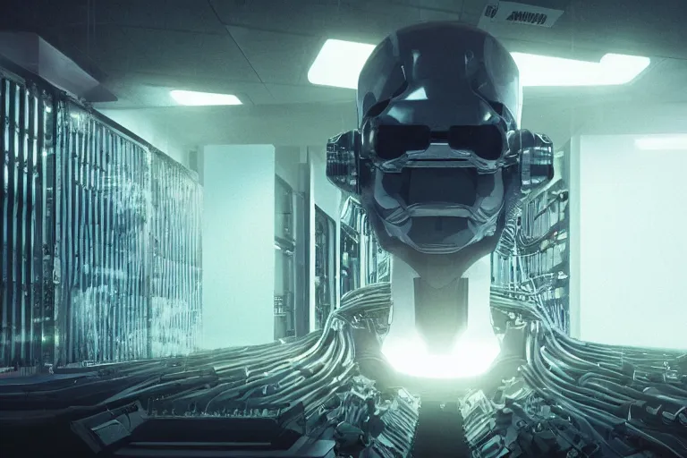 Image similar to extremely detailed cinematic movie still 3 0 7 7 portrait shot of a robot in an endless data centre by denis villeneuve, wayne barlowe, simon birch, philippe druillet, beeple, foggy, volumetric sunlight from small windows