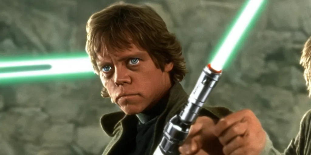 Image similar to Luke Skywalker Return of the jedi played by Mark Hamill 1983, sequel trilogy 80s, green lightsaber, ultra realistic, 4K, movie still, UHD, sharp, detailed, cinematic, render, modern