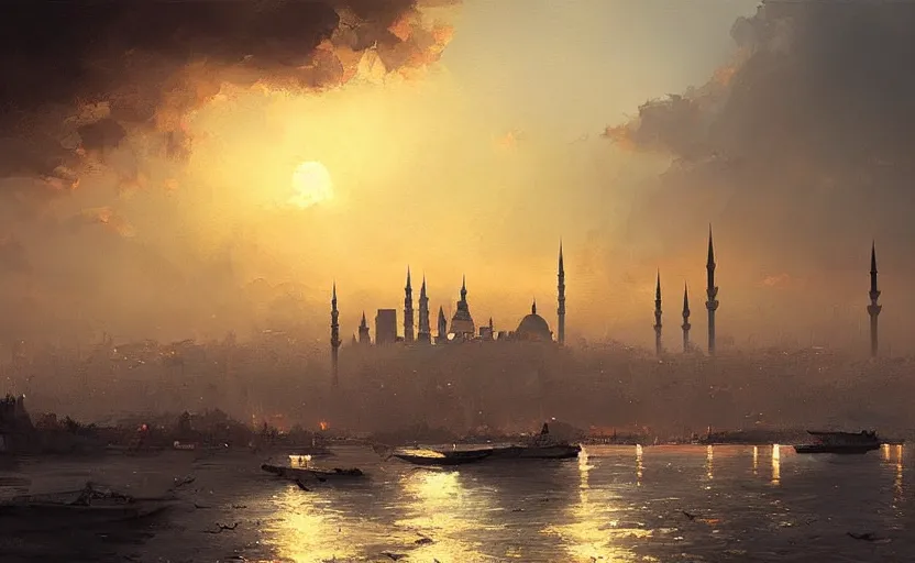 Image similar to painting of skyline of istanbul at sunset, natural light, concept art, by greg rutkowski, cozy atmospheric and cinematic lighting