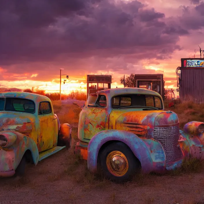 Image similar to a sunset light landscape with historical route 6 6, lots of sparkling details and sun ray ’ s, blinding backlight, smoke, volumetric lighting, colorful, octane, 3 5 mm, abandoned gas station, old rusty pickup - truck, beautiful epic colored reflections, very colorful heavenly, softlight