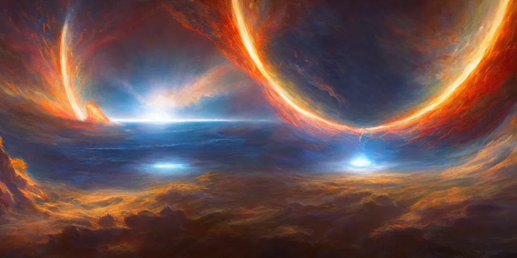 Prompt: Concept Art of cinematography from Terrence Malick film by Noah Bradley depicting the origin of the universe being created from the point of view of an atom