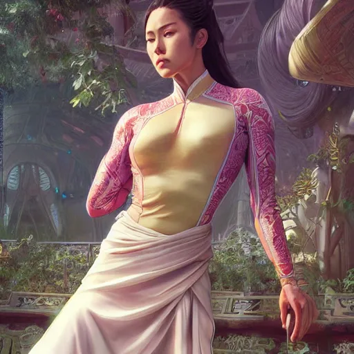 Image similar to muscular woman wearing ao dai, ultra realistic, concept art, intricate details, highly detailed, photorealistic, octane render, 8 k, unreal engine. art by artgerm and greg rutkowski and alphonse mucha