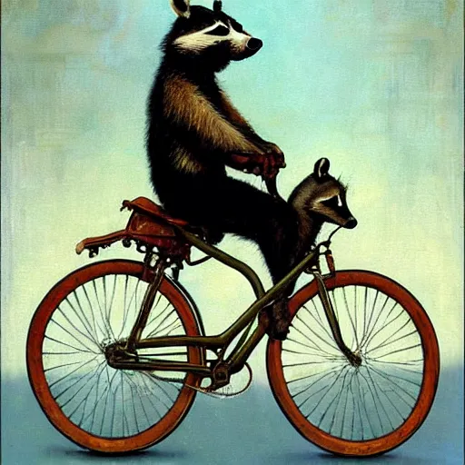 Image similar to raccoon riding a penny-farthing, painting by Norman Rockwell, detailed, 4k