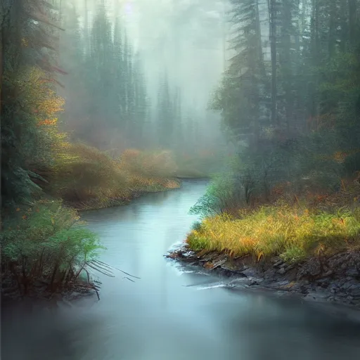 Image similar to river surrounded by forest landscape photprealism ultradetailed digital art, irina french, heraldo ortega, mandy jurgens, golden ratio, art canvas, award winning, masterpiece trending on artstation 8 k 1 5 0 mpx